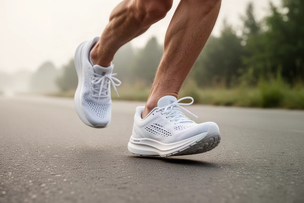 軽量クッショニングのランニングシューズを履いたランナーの足が静かなアスファルトの道を走る様子
