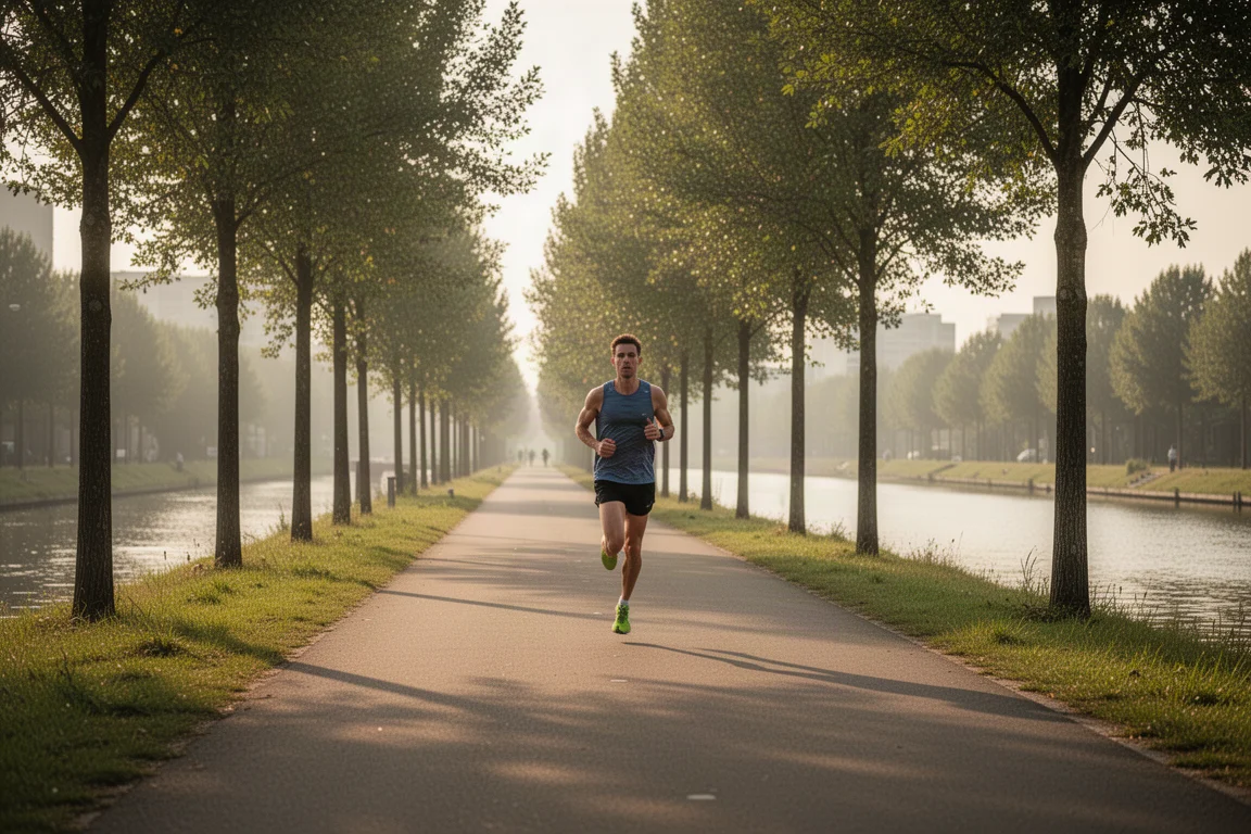 柔らかな午後の光の中、運河沿いの道をゆっくりと長くトレーニングランするランナー