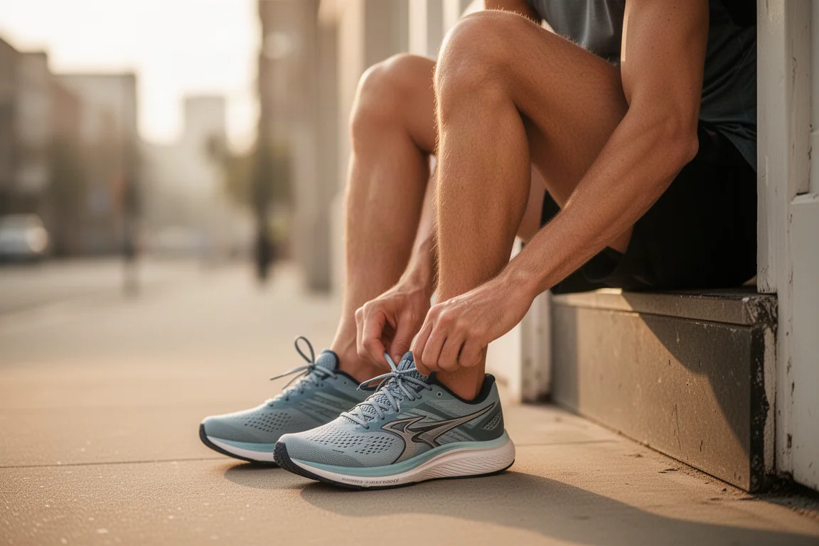Runner lacing up running shoes on a doorstep before an easy morning run