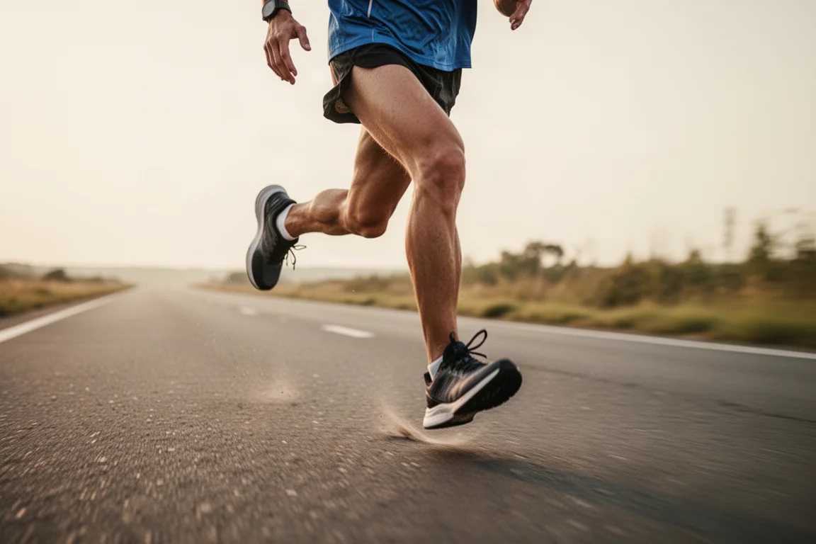 Runner picking up pace on an open road during a tempo training run