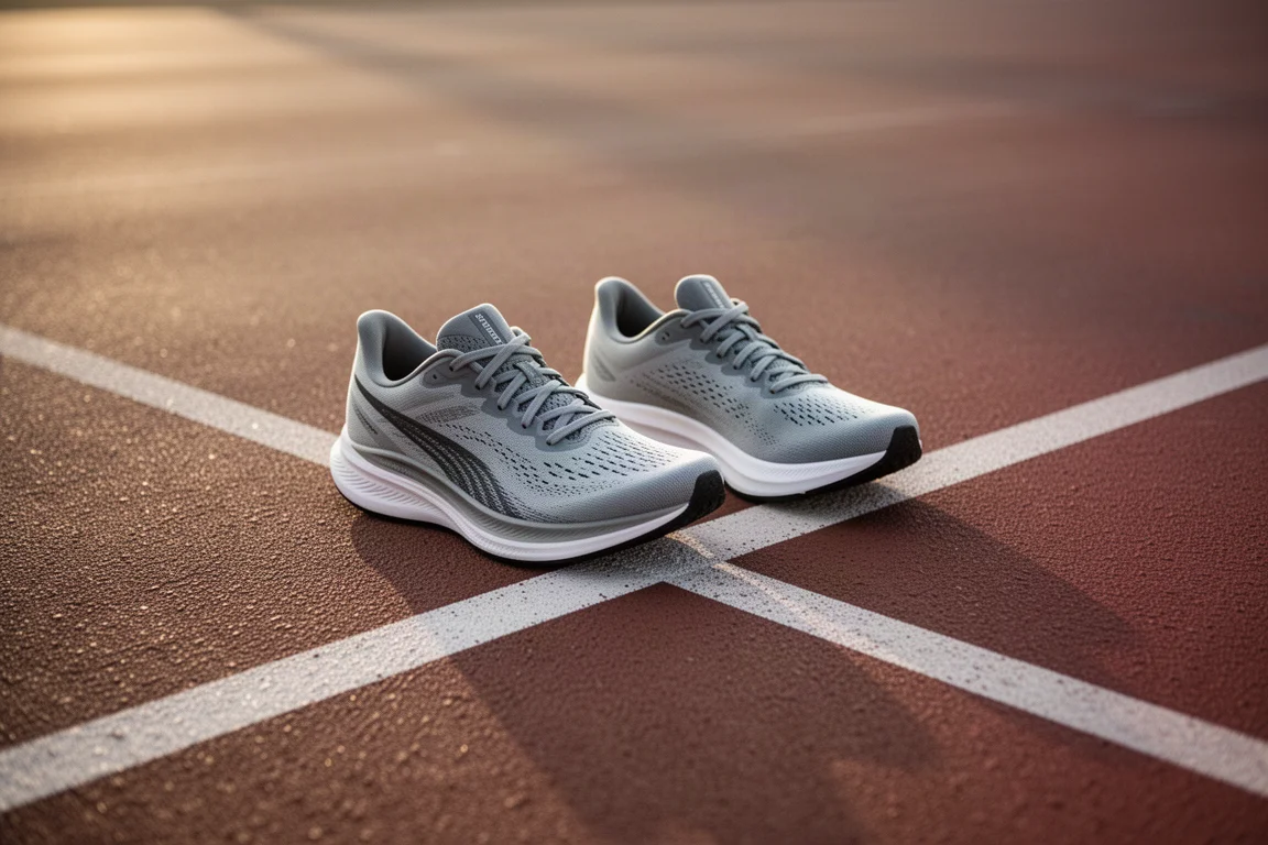 Running shoes resting beside a finish-line style track setting after a fast session