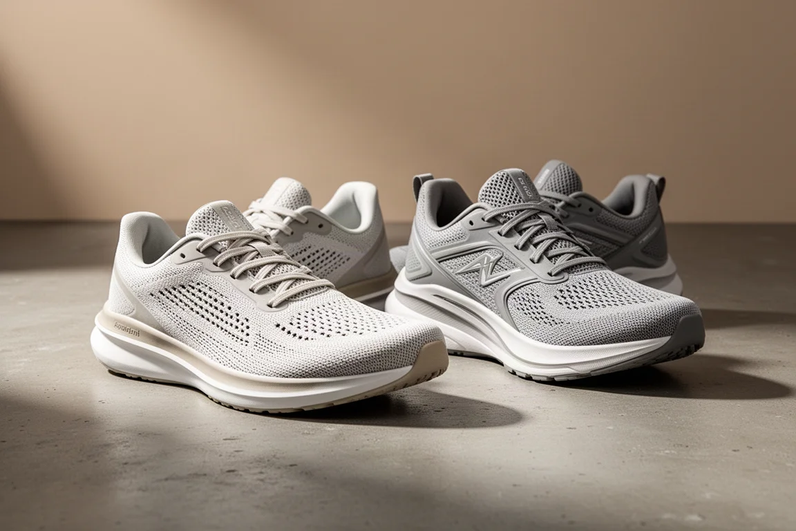 Two lightweight running shoes side by side on a matte concrete surface