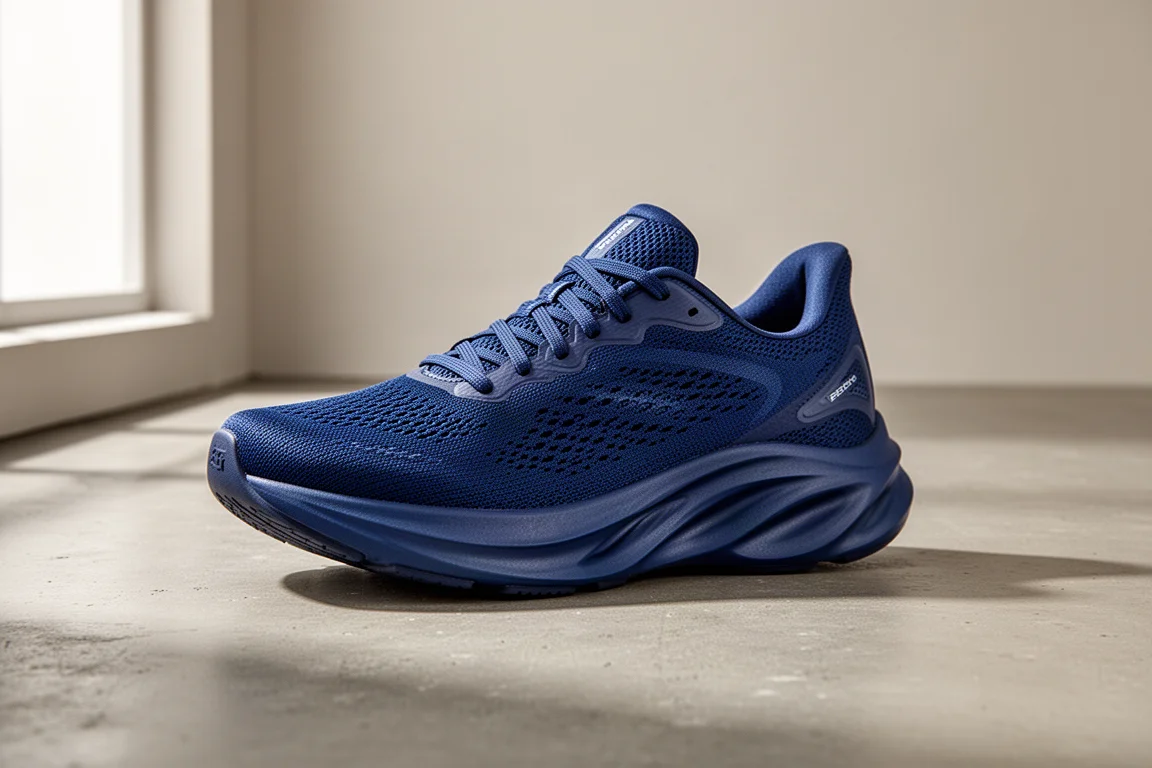 Deep blue lightweight running shoe with thick foam midsole on concrete surface