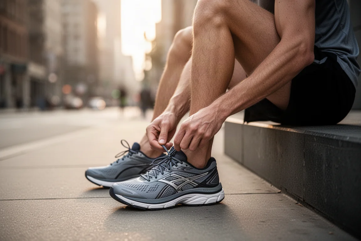 Un coureur lacaant une chaussure de running route amortie sur un trottoir en ville