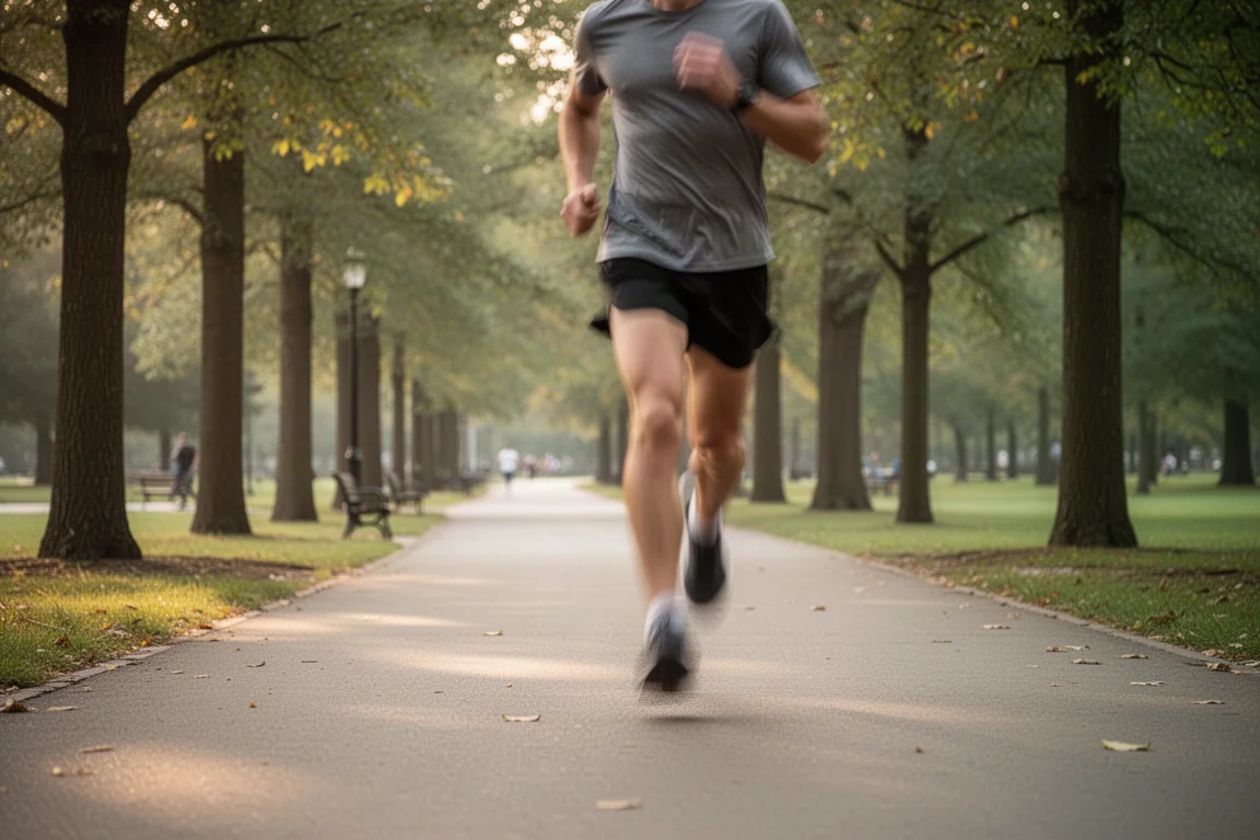 Un coureur jogge à une allure détendue sur une allée pavée dans un parc