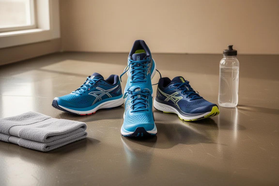 Trois chaussures de running disposées en rotation hebdomadaire sur le sol d'une salle de sport