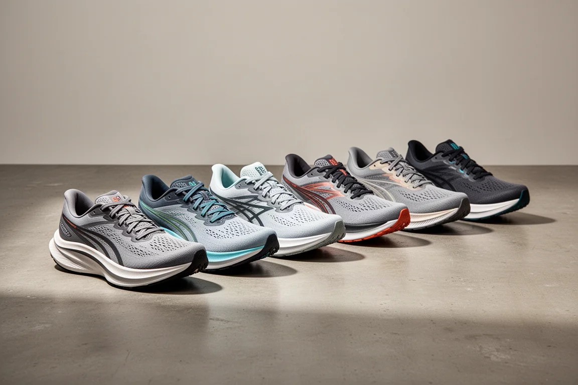Lineup of eight cushioned Hoka road running shoes on a concrete studio floor