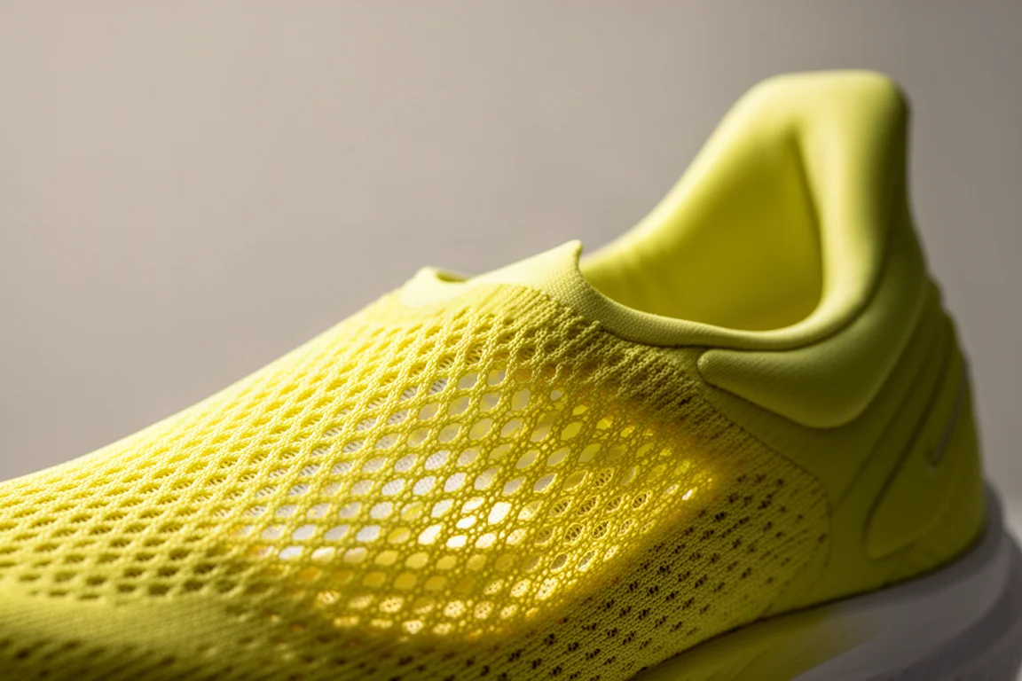 Nahaufnahme des gelben Obermaterials eines Performance-Laufschuhs mit atmungsaktivem, leichtem Mesh