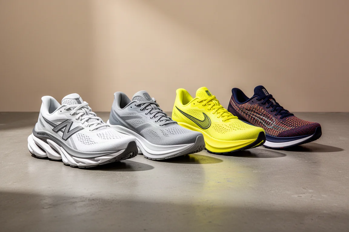 Four cushioned road running shoes lined up on a concrete surface