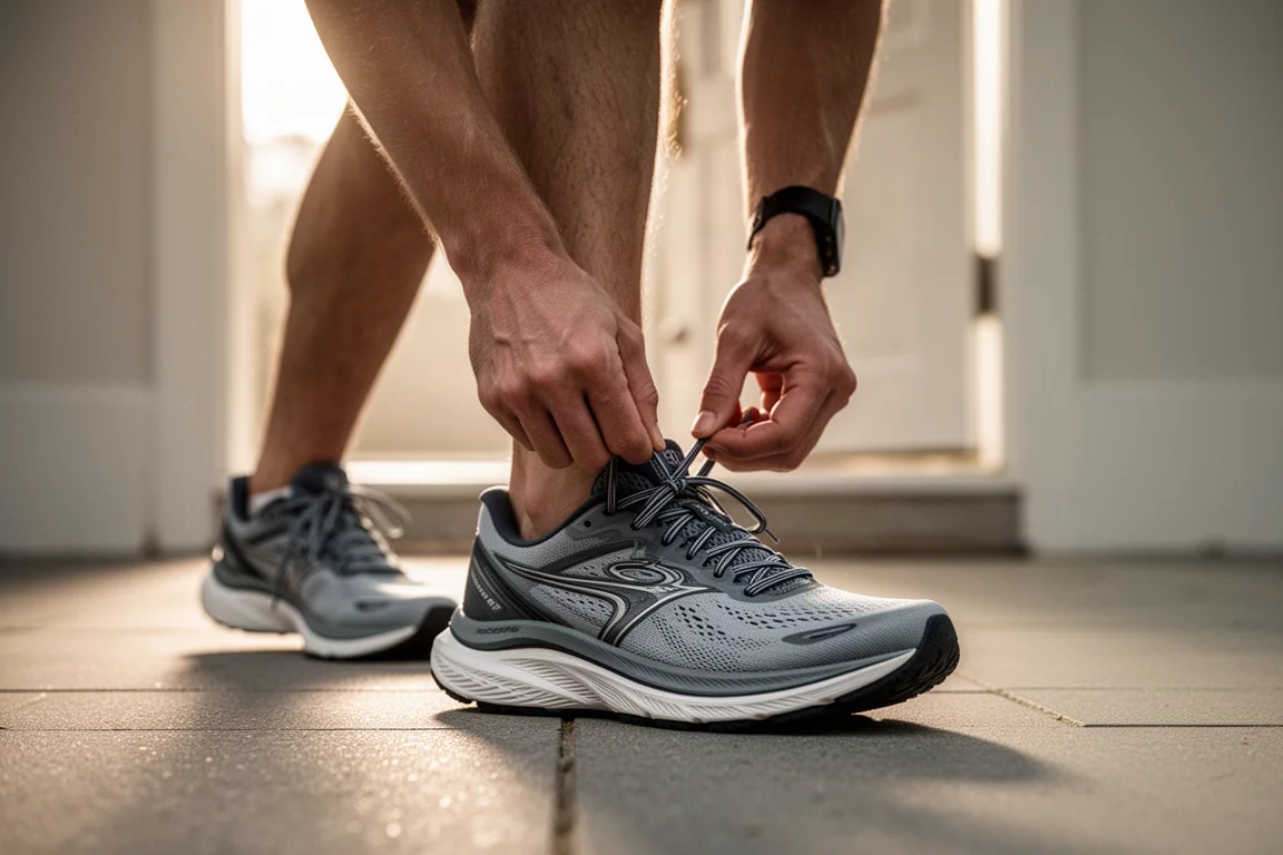 Corredor amarrando um tênis de corrida leve e amortecido antes de um treino