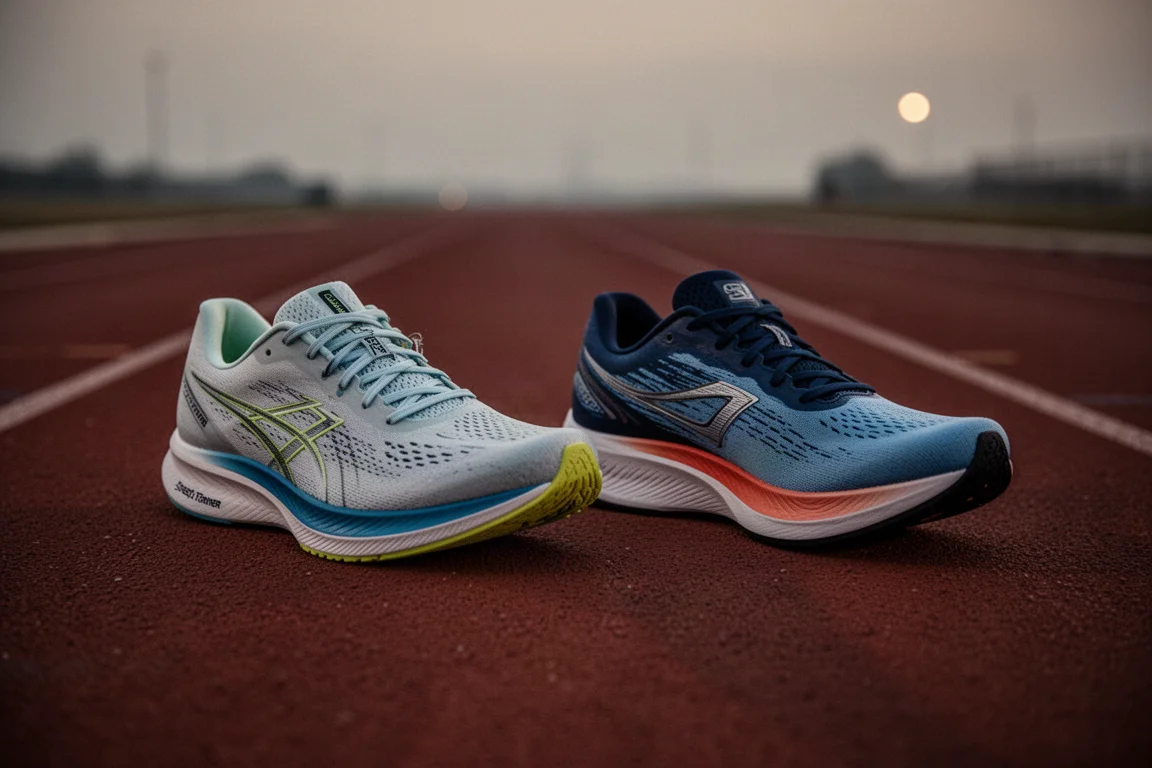 Dois tênis de corrida lado a lado em uma pista de corrida ao entardecer