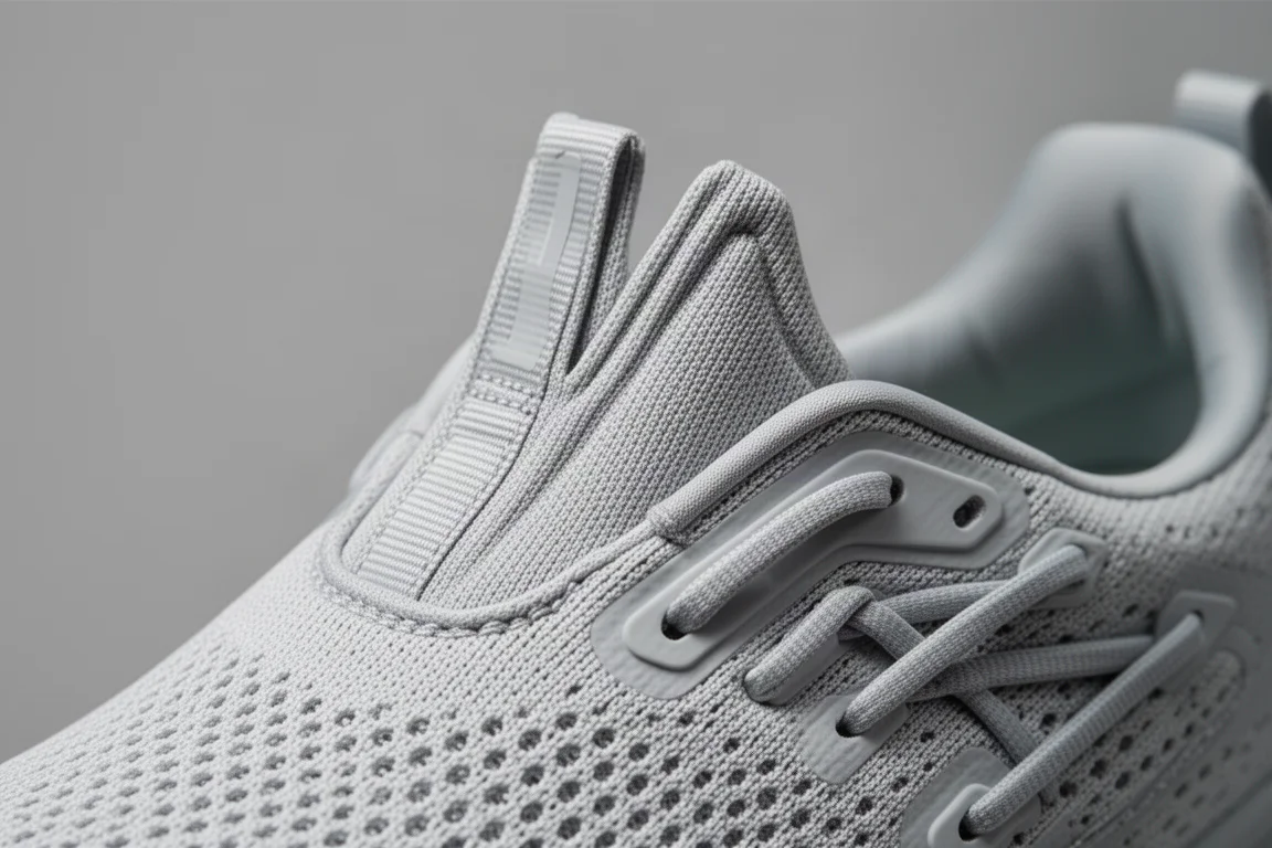 Close-up of a thick white foam midsole with carbon plate on a concrete surface