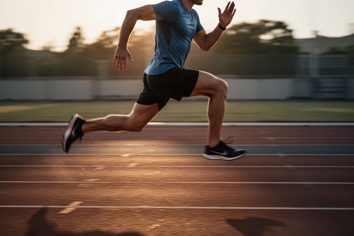 Runner pushing tempo pace on an empty city road in early morning light