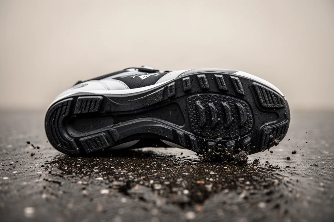 Close-up of a thin breathable mesh upper and low-profile heel area