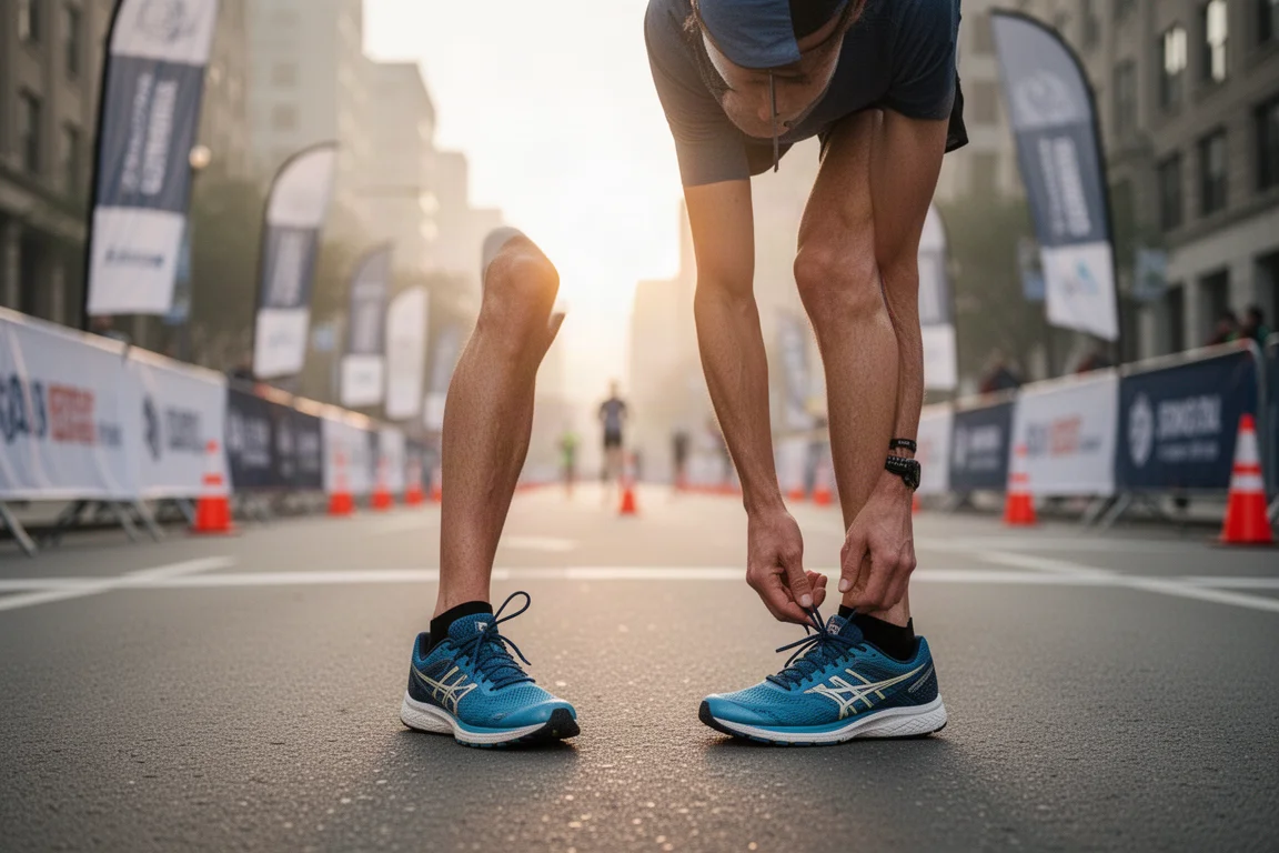 Runner finishing a short road race through a stadium area at dusk