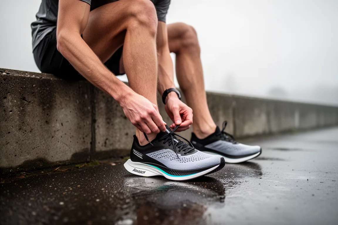 Läufer schnürt vor einem Tempolauf einen leichten Laufschuh mit Carbonplatte