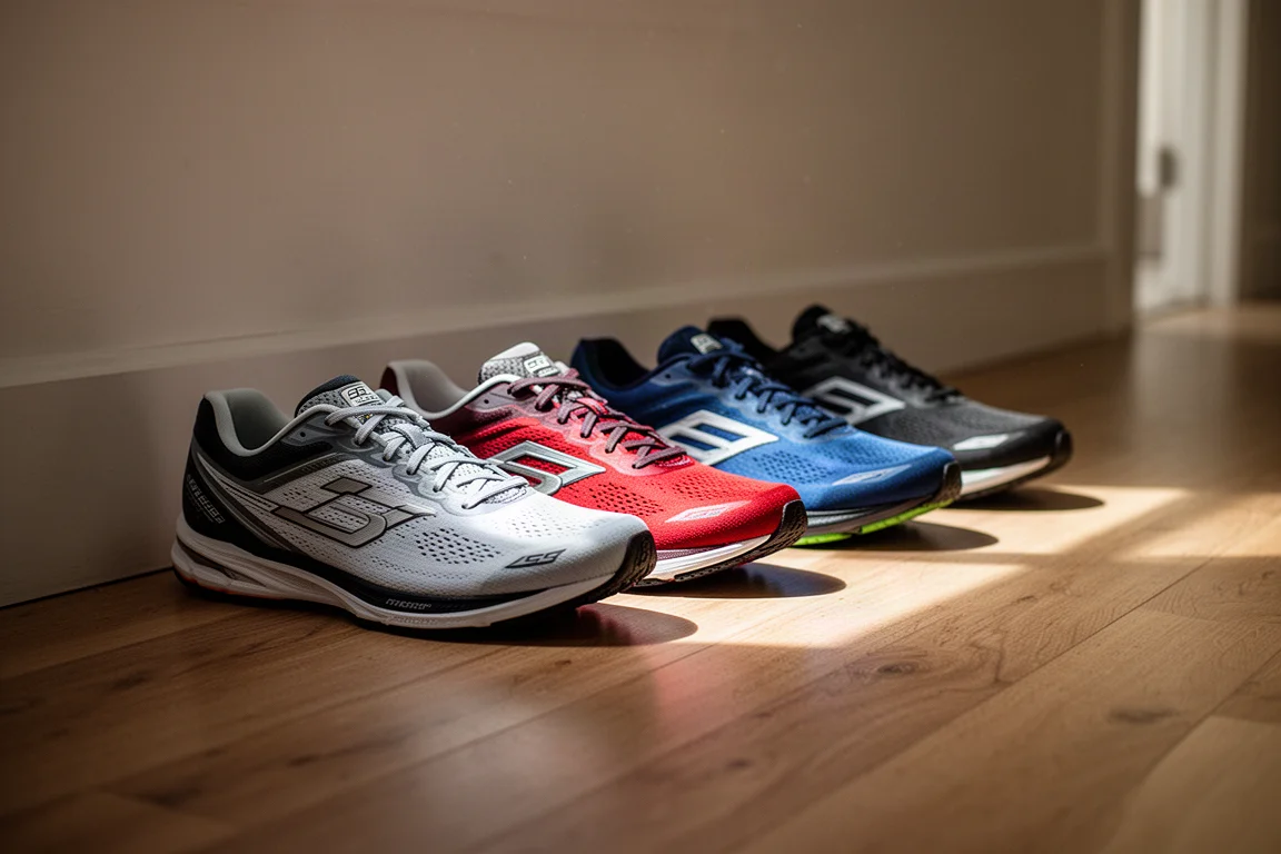 Laufschuhe stehen nebeneinander auf dem Boden im Flur eines Läufers