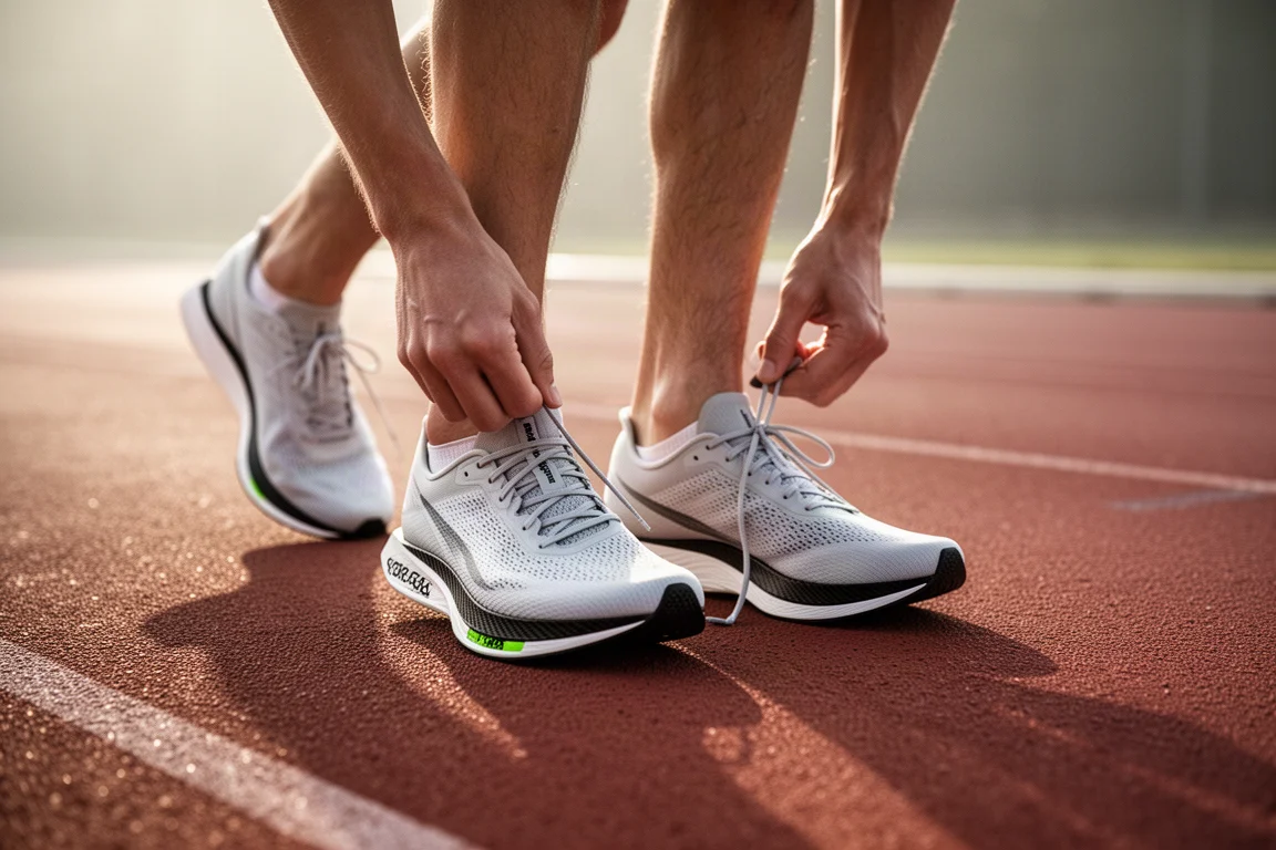Läufer schnürt auf einer Laufbahn vor einem Training ein Paar Rennschuhe mit Carbonplatte