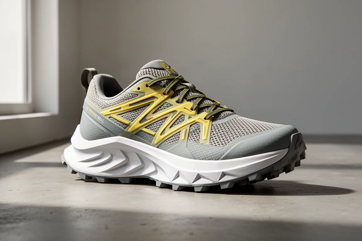 Hoka Rocket X Trail Max-Stack-Traillaufschuh auf einer Betonfläche