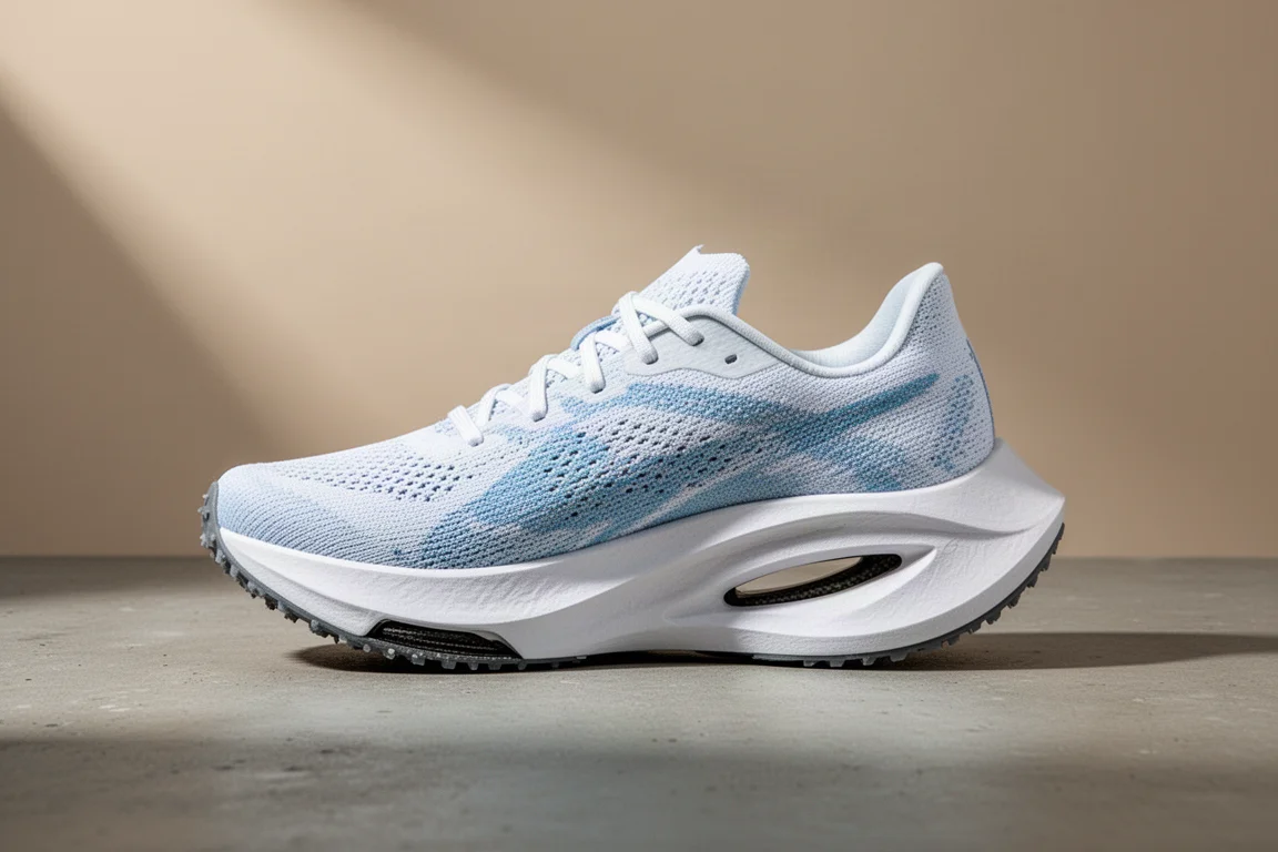 Hoka Rocket X2 Wettkampfschuh mit Schaumstoffzwische nsohle und freiliegender Carbonplatte auf Beton