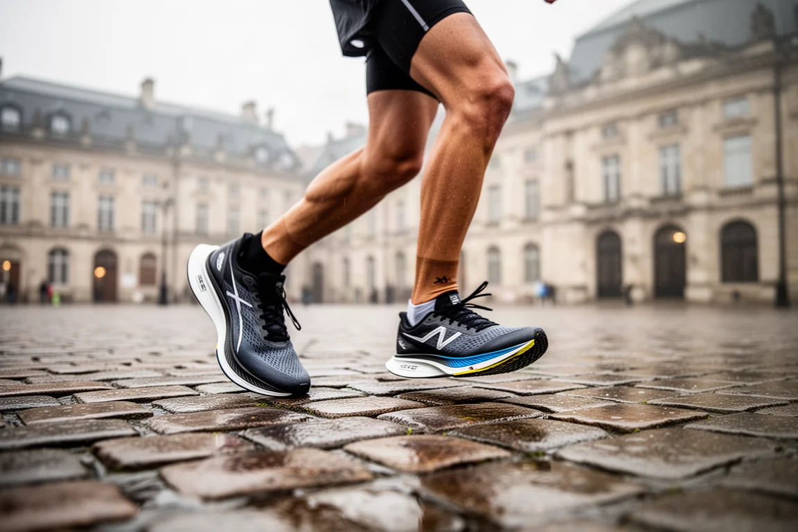 Läufer wärmt sich auf nassem Kopfsteinpflaster im Pariser Zentrum vor einem 10-km-Rennen auf