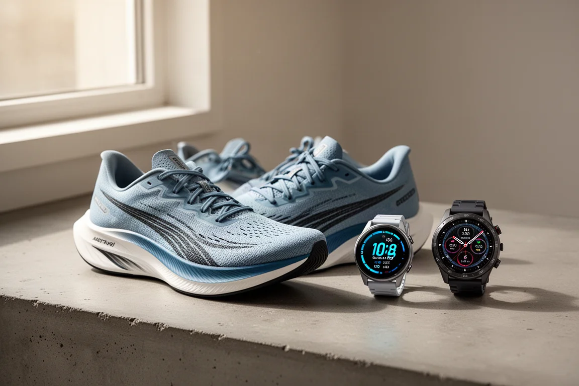 Carbon racing shoes and two AMOLED sports watches on a concrete surface