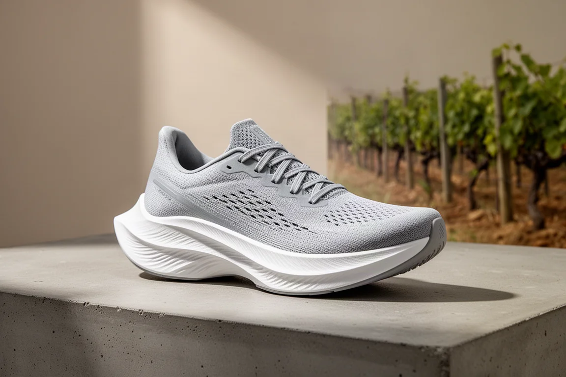 Hoka Rocket X 2 racing shoe on a concrete surface with vineyard background