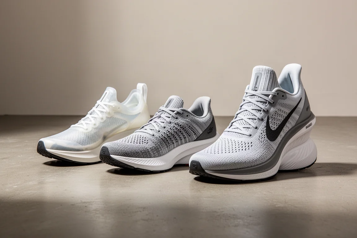 Tre scarpe running ad alto stack allineate su un pavimento di cemento