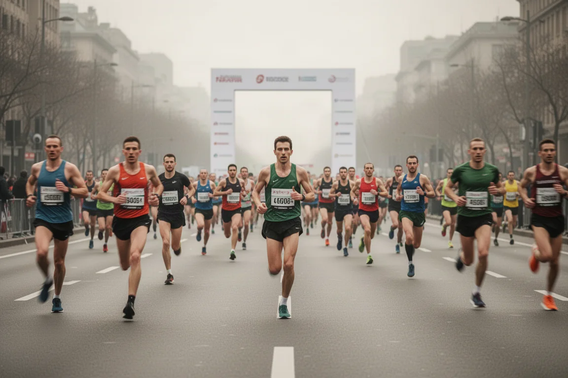 Maratonistas em um percurso de corrida com um arco de linha de chegada ao fundo