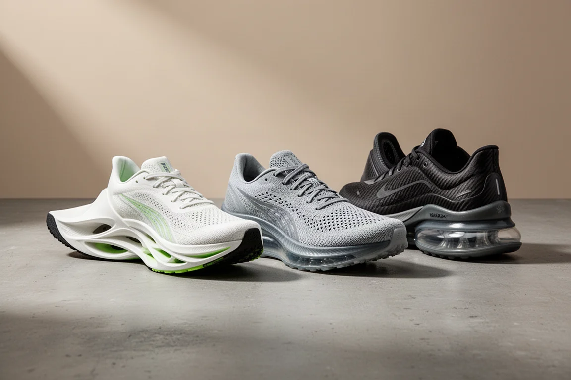Three carbon-plated running shoes lined up on a concrete surface