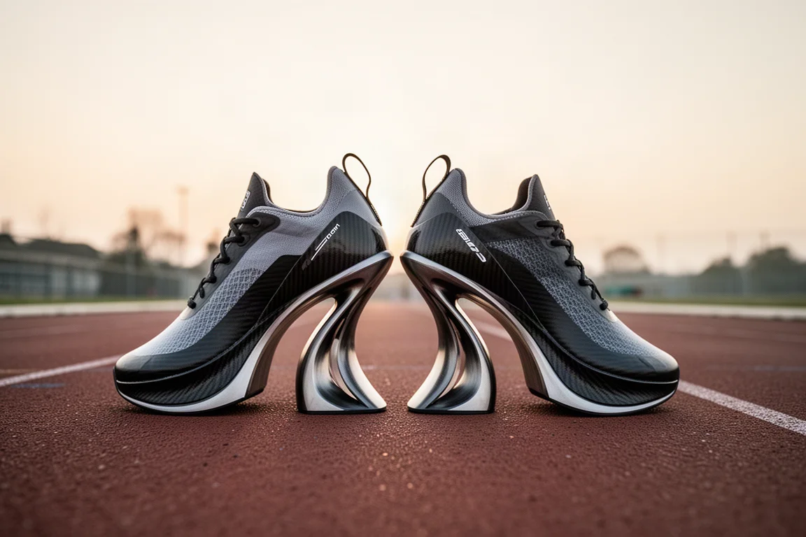 Two carbon racing shoes placed side by side on a track surface