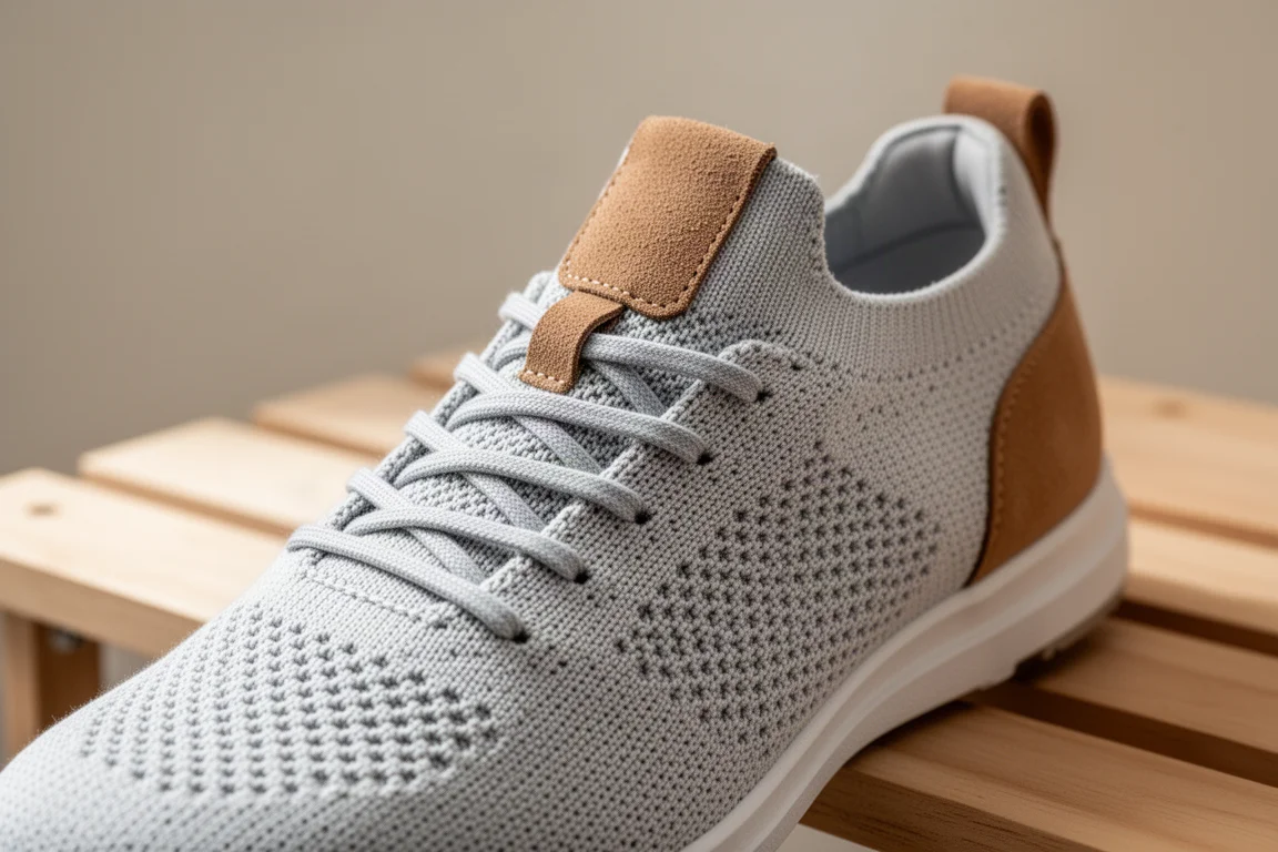 Close-up of a knitted shoe upper showing lacing and heel area