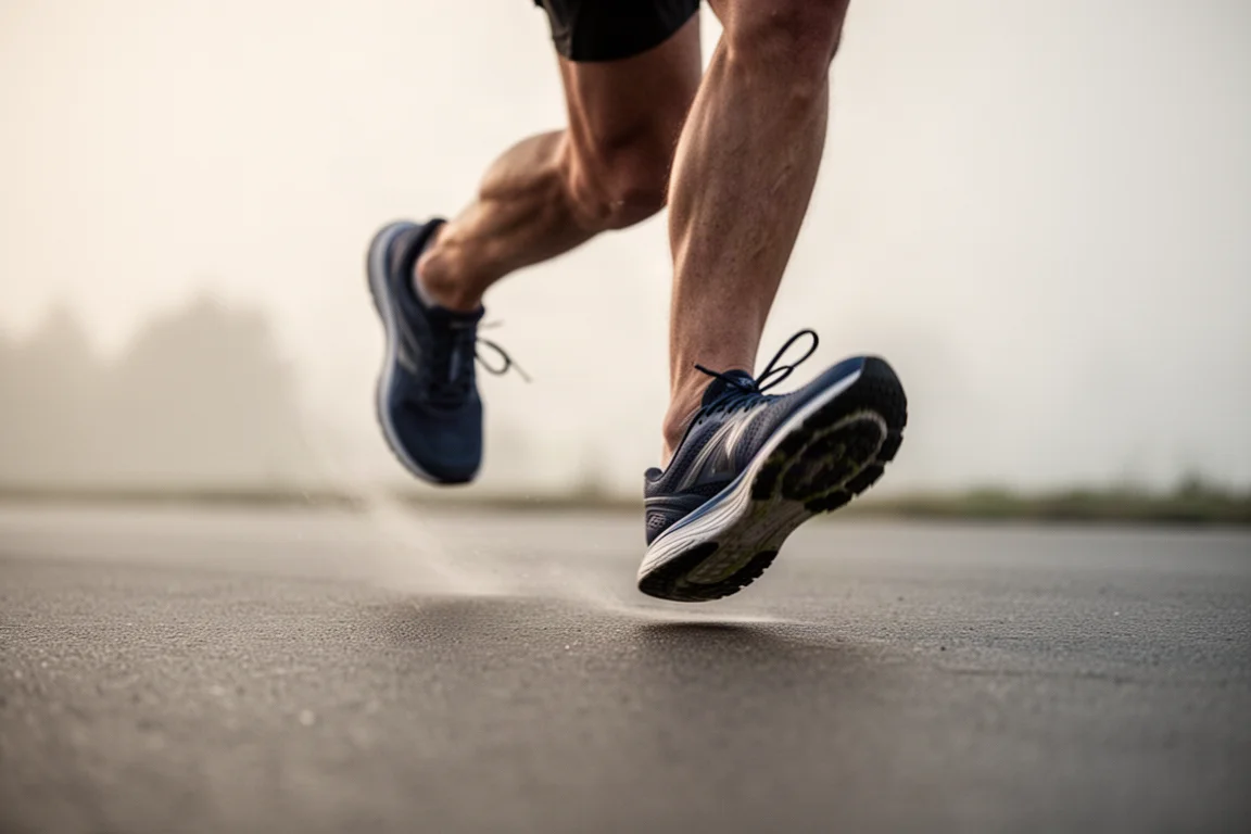 Runner transitioning heel to toe mid-stride on wet pavement