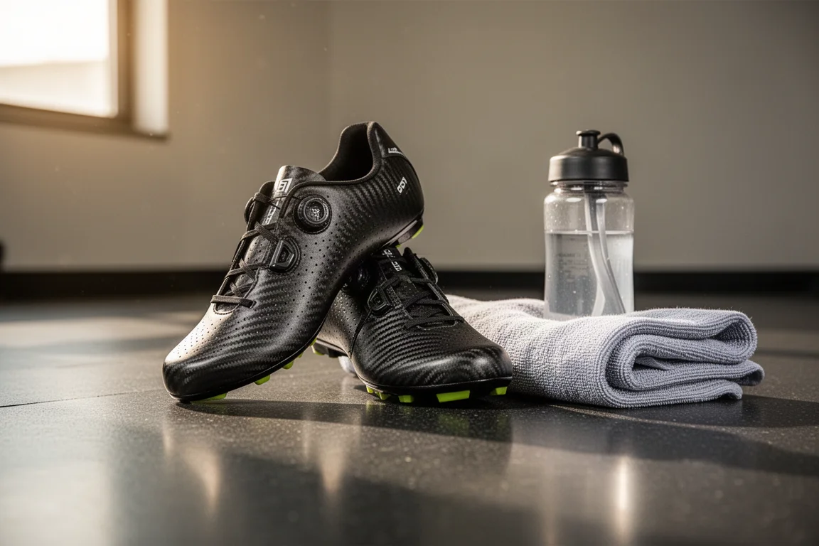 Racing shoes resting on a gym floor after a hard workout
