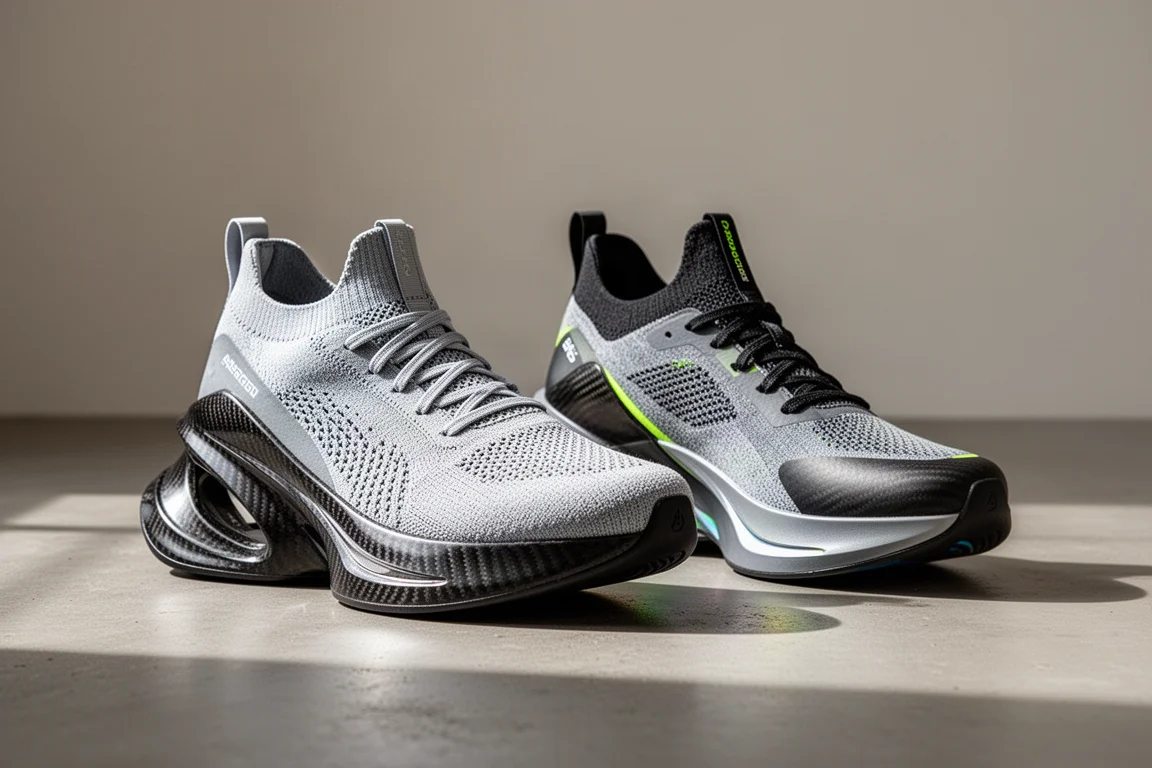 Two carbon-plated racing shoes side by side on a concrete surface