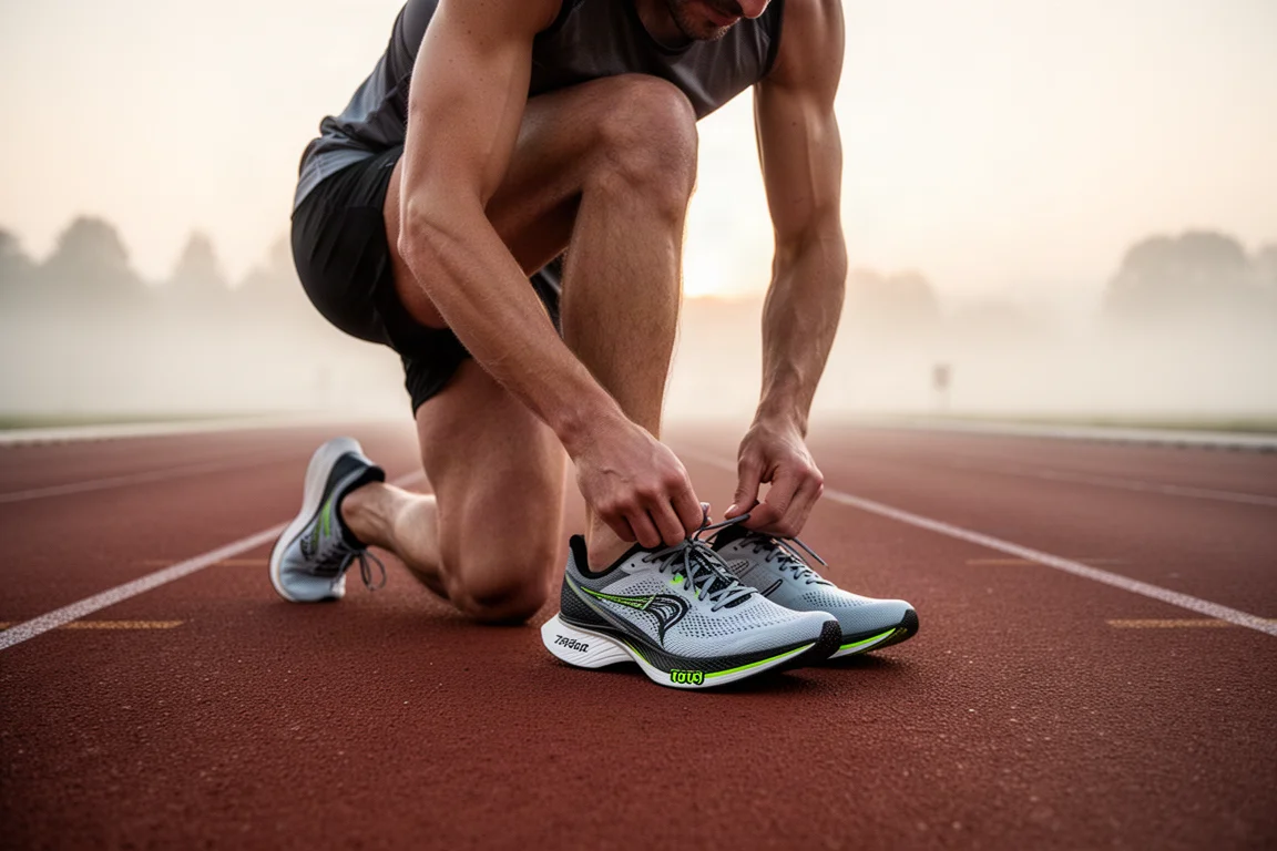 Un runner allaccia un paio di scarpe da gara leggere in carbonio su una pista all'alba