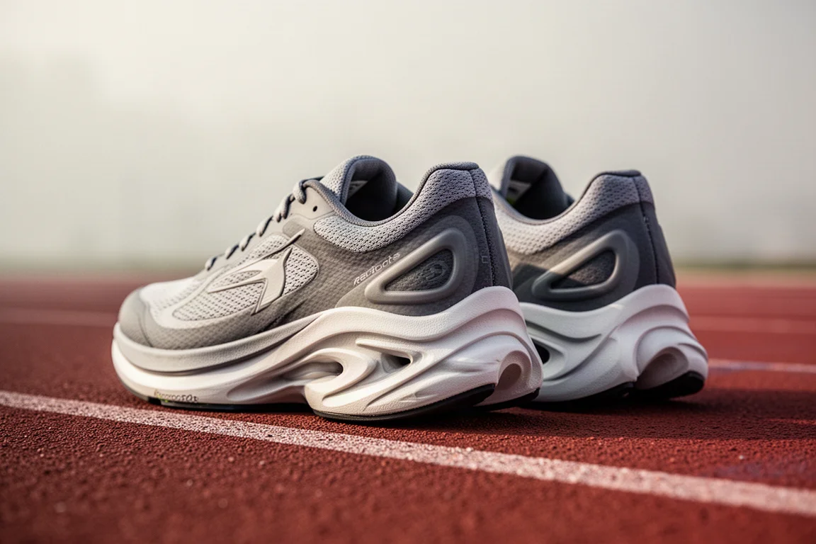 Close-up van dikke foam-tussenzolen van raceschoenen naast elkaar op een baanoppervlak