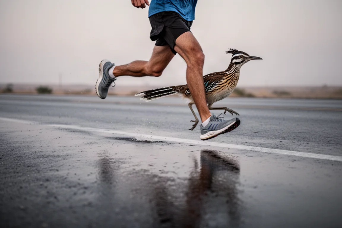 Hardloper die middenvoet landt op nat asfalt tijdens een snelle wegrun