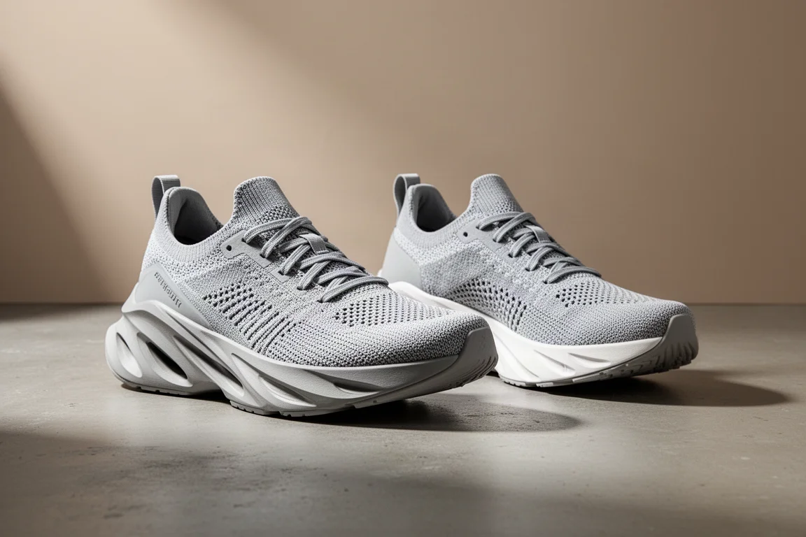 Zwei Hoka Rocket Rennschuhe nebeneinander auf einer Betonoberfläche