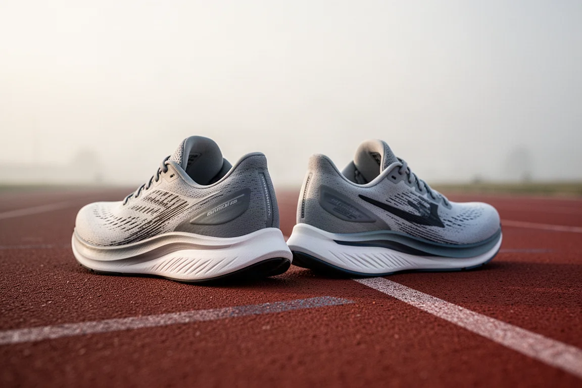 Due scarpe da running affiancate su una corsia di pista sotto una luce soffusa