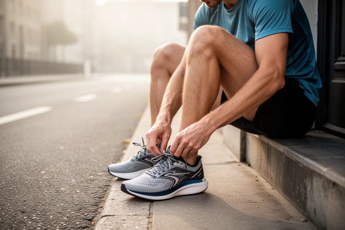 Un runner che allaccia una scarpa da running su una soglia prima di una corsa su strada