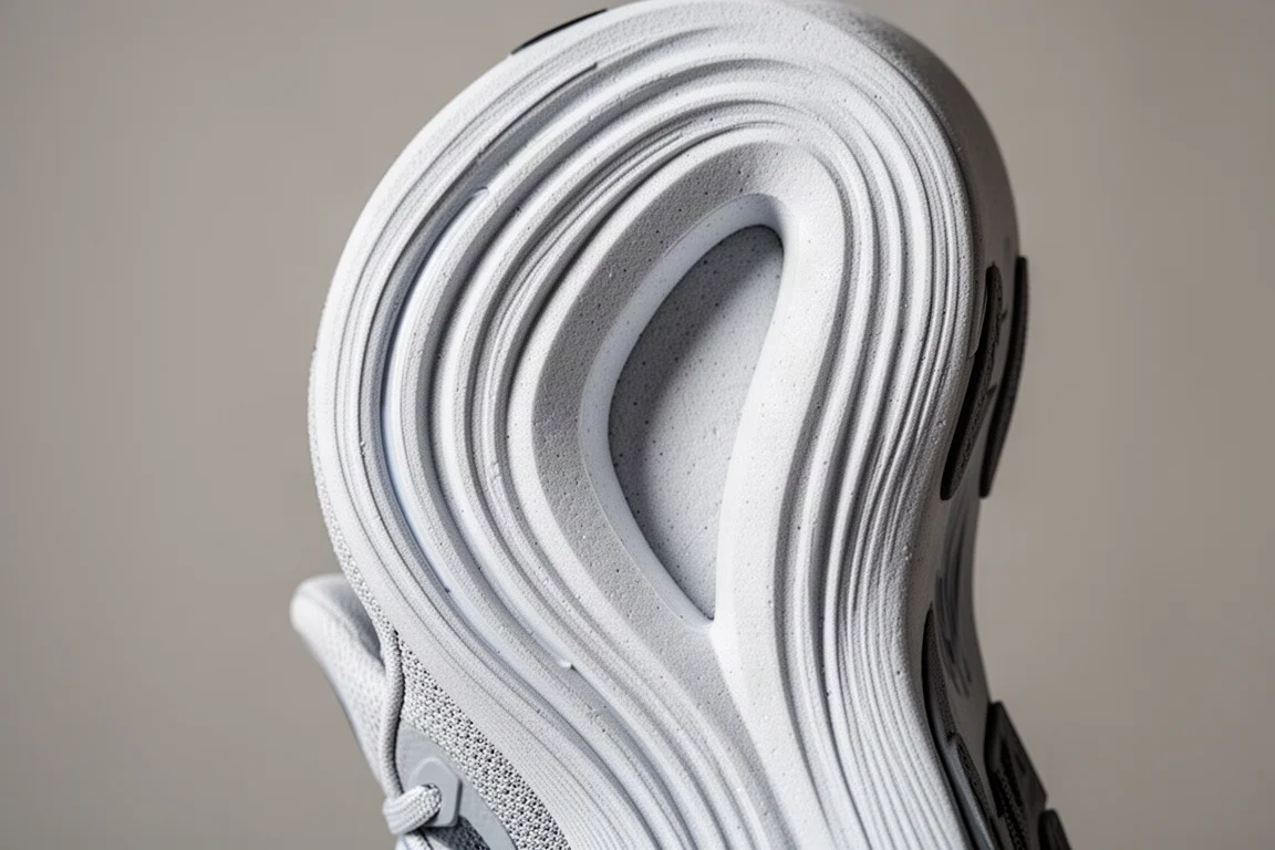 Primo piano della intermedia di una scarpa da running con geometria a bascula e strati di schiuma