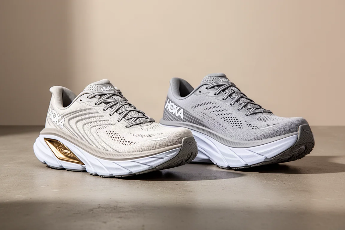 Two Hoka running shoes side by side showing different midsole stack heights
