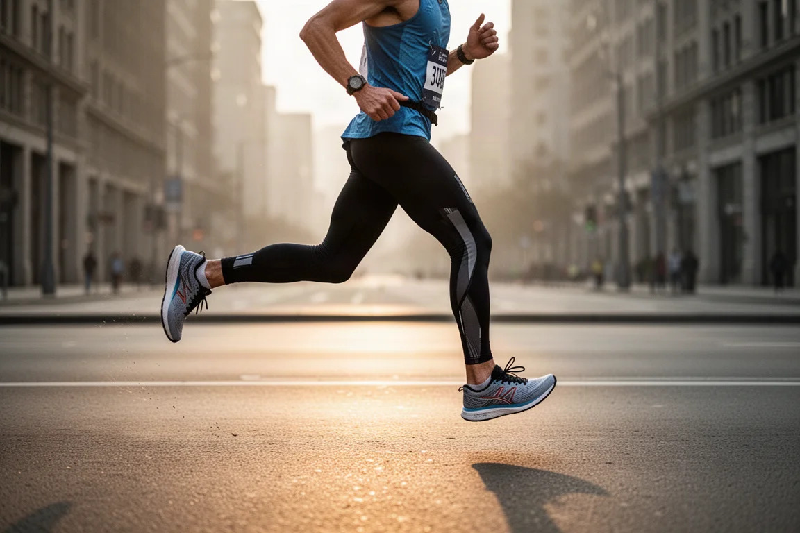 Marathon runner in carbon racing shoes striding along an empty city street at dawn
