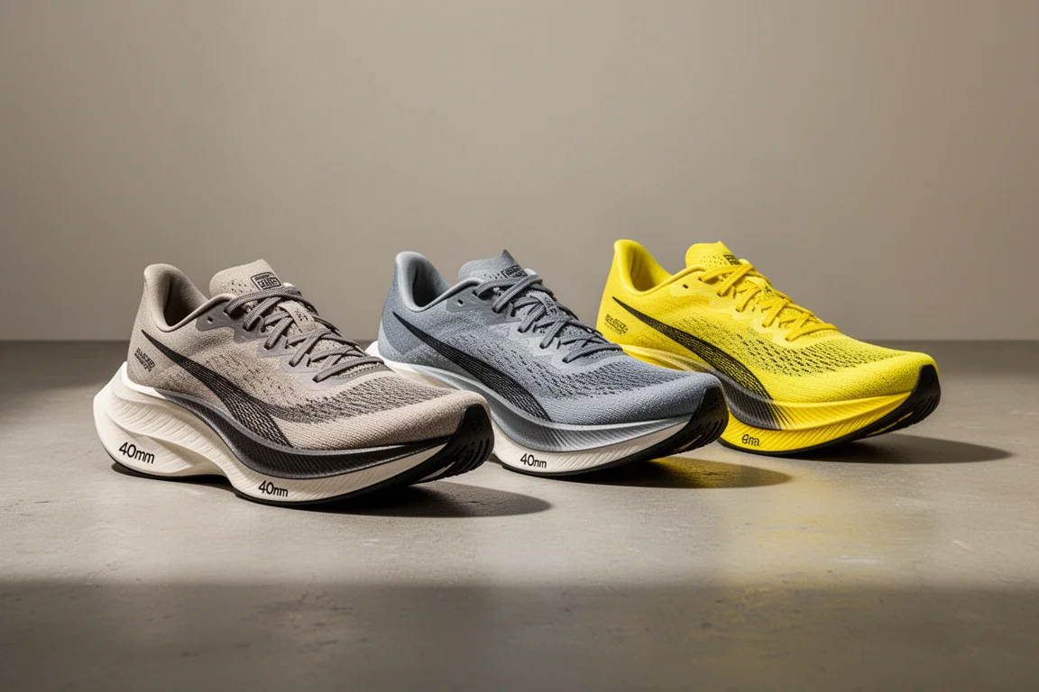 Three Hoka carbon racing shoes lined up on a concrete surface