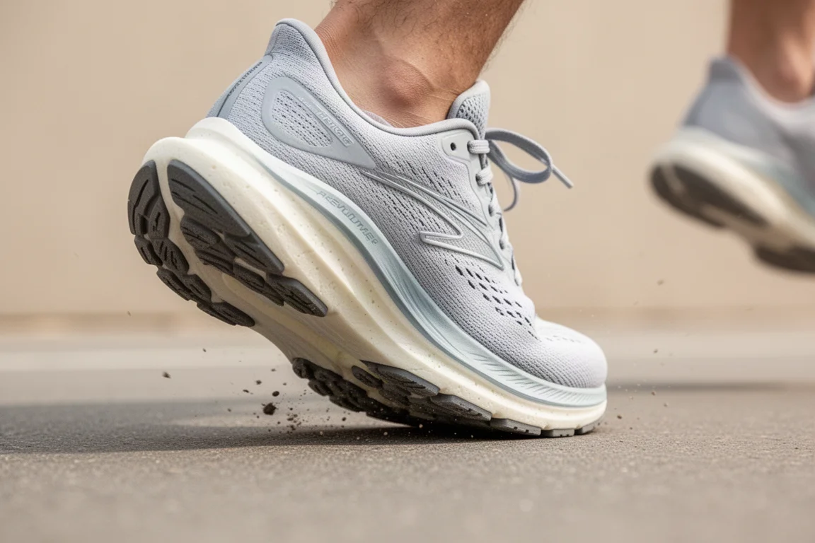 Nahaufnahme einer leichten, reaktionsfreudigen Laufschuh-Mittelsohle, die sich auf Asphalt biegt