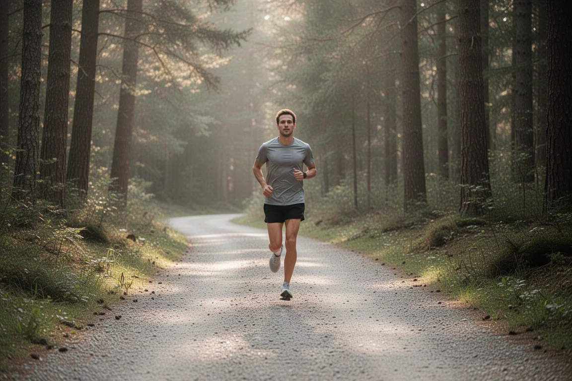 Läufer auf einem stillen Waldweg bei einem lockeren langen Lauf