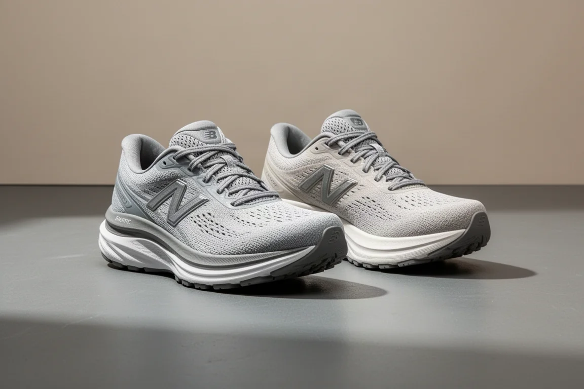 Paar Stabilitätslaufschuhe nebeneinander auf neutralem Studiofußboden