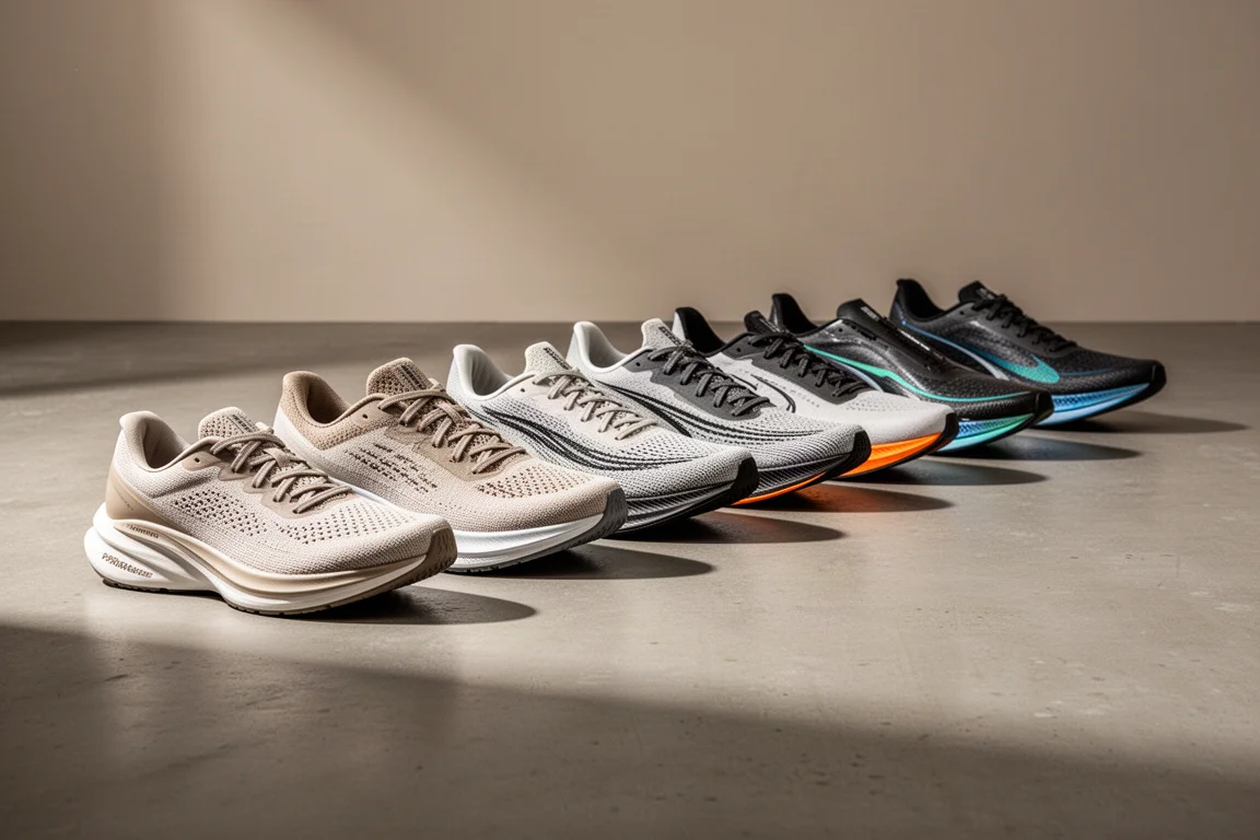 Dieci scarpe da running in fila, da modelli ammortizzati a scarpe da gara in carbonio, su un pavimento di cemento