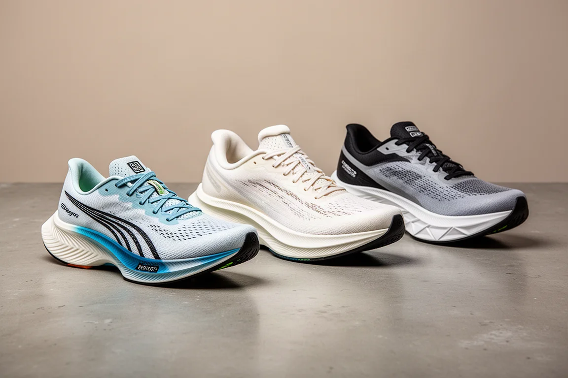 Three Hoka road running shoes arranged on a concrete surface